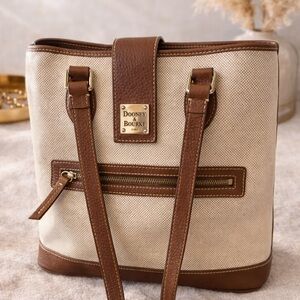 Dooney & Bourke Beige Canvas Tote with Brown Leather Trim